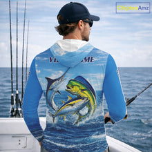 Load image into Gallery viewer, Personalized Mahi Mahi, Marlin, Tuna Blue Performance Fishing Shirt, Hooded Saltwater Tournament Shirts NHT600