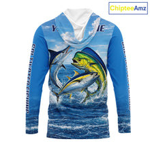 Load image into Gallery viewer, Personalized Mahi Mahi, Marlin, Tuna Blue Performance Fishing Shirt, Hooded Saltwater Tournament Shirts NHT600