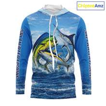Load image into Gallery viewer, Personalized Mahi Mahi, Marlin, Tuna Blue Performance Fishing Shirt, Hooded Saltwater Tournament Shirts NHT600