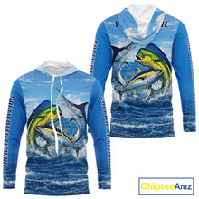 Load image into Gallery viewer, Personalized Mahi Mahi, Marlin, Tuna Blue Performance Fishing Shirt, Hooded Saltwater Tournament Shirts NHT600