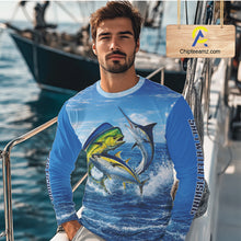Load image into Gallery viewer, Personalized Mahi Mahi, Marlin, Tuna Blue Performance Fishing Shirt, Saltwater Tournament Shirts NHT600