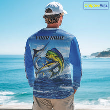 Load image into Gallery viewer, Personalized Mahi Mahi, Marlin, Tuna Blue Performance Fishing Shirt, Saltwater Tournament Shirts NHT600