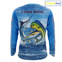 Load image into Gallery viewer, Personalized Mahi Mahi, Marlin, Tuna Blue Performance Fishing Shirt, Saltwater Tournament Shirts NHT600