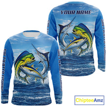 Load image into Gallery viewer, Personalized Mahi Mahi, Marlin, Tuna Blue Performance Fishing Shirt, Saltwater Tournament Shirts NHT600