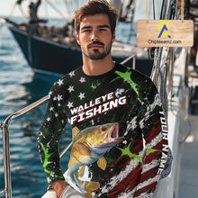 Load image into Gallery viewer, Best Walleye Fishing Shirts Long Sleeve American Flag Patriotic Custom Name Fishing Jersey NHT967