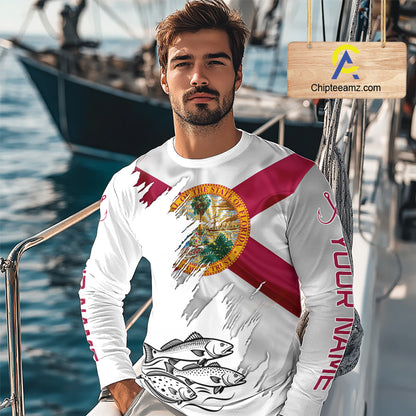 Personalized Inshore Slam Snook, Redfish,Trout Florida Flag Fishing Shirts Long Sleeve For Men NHT848
