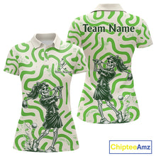Load image into Gallery viewer, Personalized Funny Skeleton Womens Golf Polo Shirt Green Abstract Pattern Custom Golf Shirt For Team Name &amp; Name NHT618