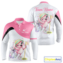 Load image into Gallery viewer, Pink Mens Golf Polo Shirt Pink Flamingos Pattern Custom Name, Funny Flamingo Golf Polo Shirts NHT626