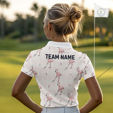 Load image into Gallery viewer, Woman wearing a white polo shirt with flamingo patterns and 'Your Name' text.