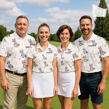 Load image into Gallery viewer, Four people in matching golf outfits on a golf course with a flag in the background.