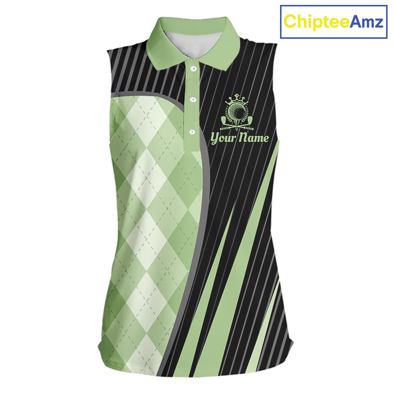 Womens Sleeveless Golf Polo Shirt Green Black Argyle Plaid Golf Pattern Custom,  Womens Shirt Golf Tops NHT667