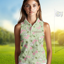 Load image into Gallery viewer, Floral Golf Womens Sleeveless Polo Shirt Personalized Gingham Golf Shirt Custom Name Cute Golf Outfit Golf Gift NHT688