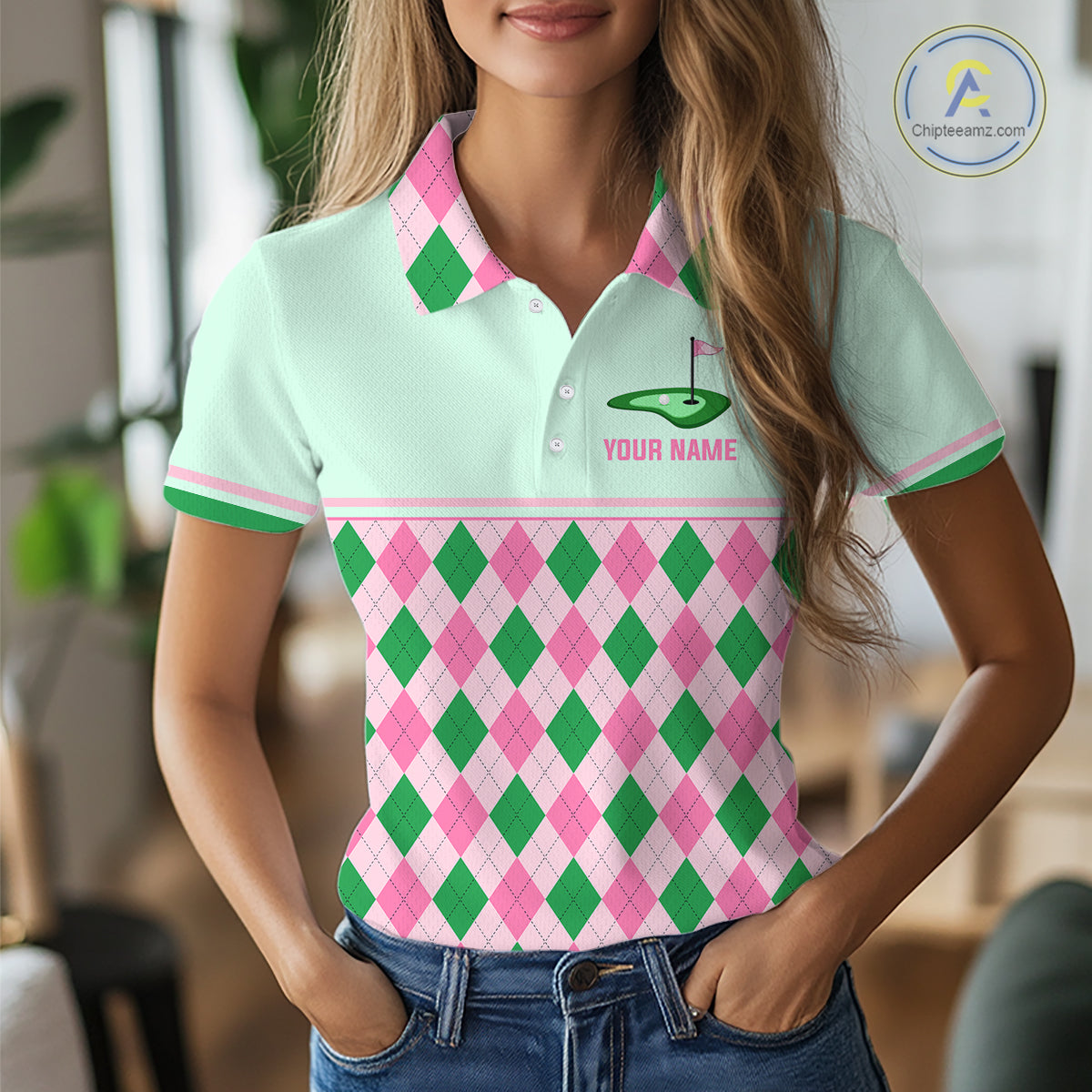 Pink Argyle Golf Polo Shirt Personalized Womens Golf Shirt Cute Preppy Golf Outfit Custom Name, Familly Team Shirts NHT691