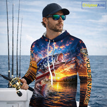 Load image into Gallery viewer, American Flag Bass Fishing Jersey – Patriotic Sunset Lake Angler Long Sleeve Hooded  For Men