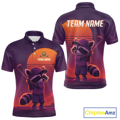 Personalized Raccoon Golf Shirt - Retro Sunset Golf Polo Shirt For Men