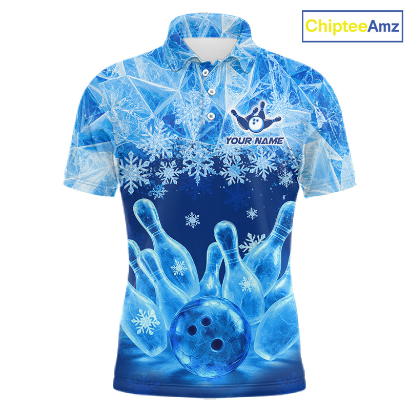 Blue Winter Bowling 1/4 Zip Polo Shirt Custom Name – Ice Bowling Ball Performance Jersey For Men NHT1341