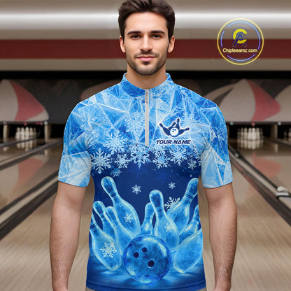 Blue Winter Bowling 1/4 Zip Polo Shirt Custom Name – Ice Bowling Ball Performance Jersey For Men NHT1341