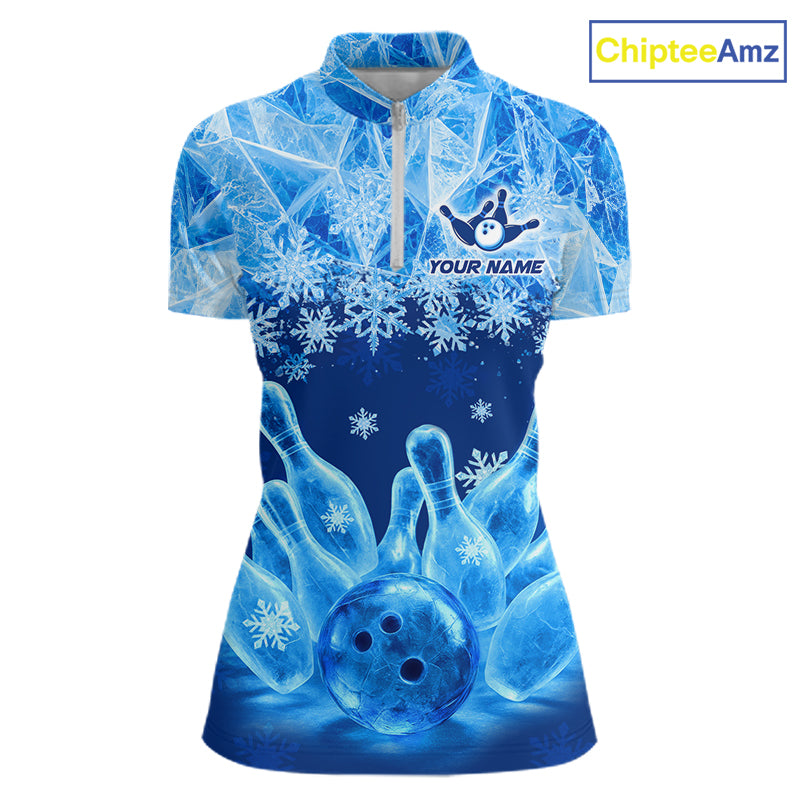Blue Winter Bowling 1/4 Zip Polo Shirt Custom Name – Ice Bowling Ball Performance Jersey For Women NHT1341