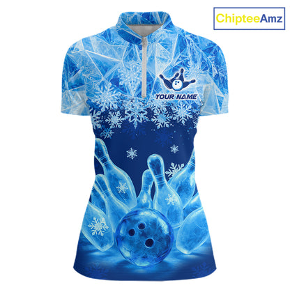 Blue Winter Bowling 1/4 Zip Polo Shirt Custom Name – Ice Bowling Ball Performance Jersey For Women NHT1341