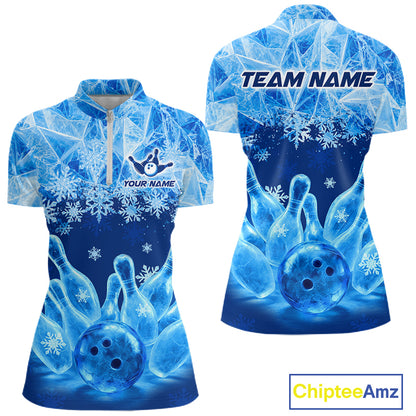 Blue Winter Bowling 1/4 Zip Polo Shirt Custom Name – Ice Bowling Ball Performance Jersey For Women NHT1341