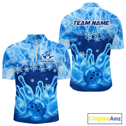 Blue Winter Bowling 1/4 Zip Polo Shirt Custom Name – Ice Bowling Ball Performance Jersey For Men NHT1341