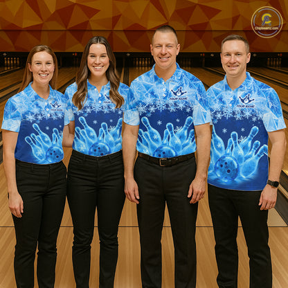 Blue Winter Bowling 1/4 Zip Polo Shirt Custom Name – Ice Bowling Ball Performance Jersey For Women NHT1341