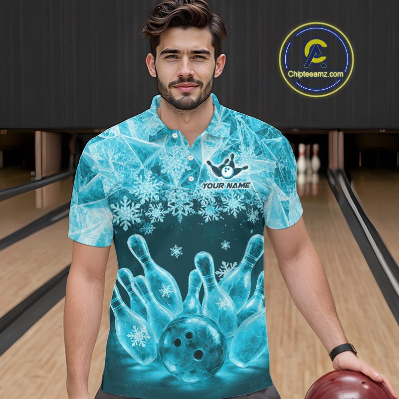 Turquoise Winter Bowling 1/4 Zip Polo Shirt Custom Name – Ice Bowling Ball Performance Jersey For Men NHT1342