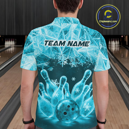 Turquoise Winter Bowling 1/4 Zip Polo Shirt Custom Name – Ice Bowling Ball Performance Jersey For Men NHT1342