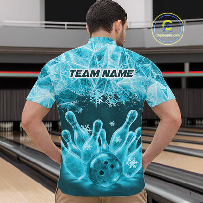 Turquoise Winter Bowling 1/4 Zip Polo Shirt Custom Name – Ice Bowling Ball Performance Jersey For Men NHT1342
