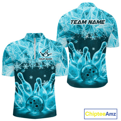 Turquoise Winter Bowling 1/4 Zip Polo Shirt Custom Name – Ice Bowling Ball Performance Jersey For Men NHT1342