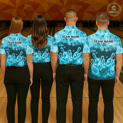 Turquoise Winter Bowling 1/4 Zip Polo Shirt Custom Name – Ice Bowling Ball Performance Jersey For Men NHT1342