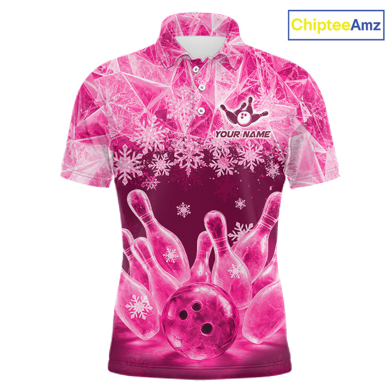 Pink Winter Bowling 1/4 Zip Polo Shirt Custom Name – Ice Bowling Ball Performance Jersey For Men NHT1343