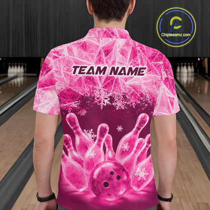 Pink Winter Bowling 1/4 Zip Polo Shirt Custom Name – Ice Bowling Ball Performance Jersey For Men NHT1343
