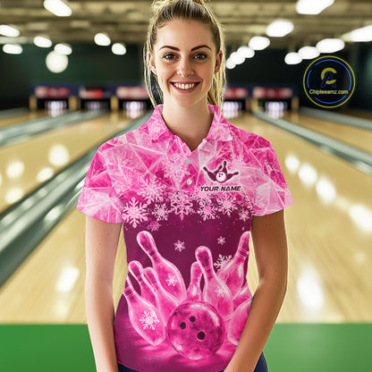 Pink Winter Bowling 1/4 Zip Polo Shirt Custom Name – Ice Bowling Ball Performance Jersey For Women NHT1343