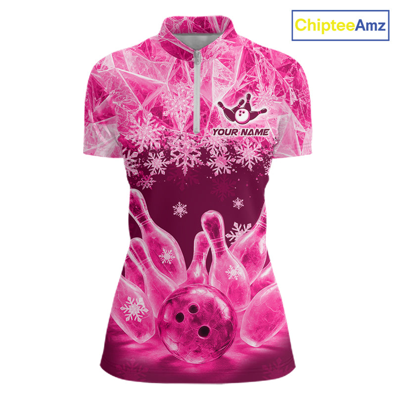 Pink Winter Bowling 1/4 Zip Polo Shirt Custom Name – Ice Bowling Ball Performance Jersey For Women NHT1343