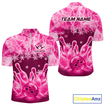 Pink Winter Bowling 1/4 Zip Polo Shirt Custom Name – Ice Bowling Ball Performance Jersey For Men NHT1343