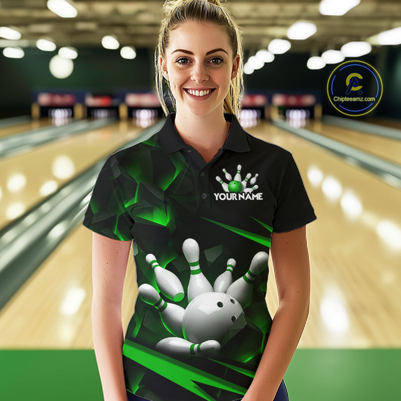 Personalized Bowling 1/4 Quarter Zip Polo Green Black Bowling Ball Jersey For Women NHT1344