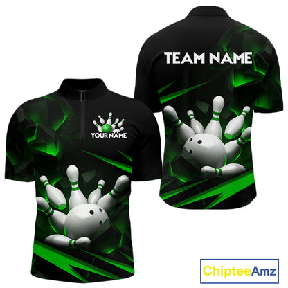 Personalized Bowling 1/4 Quarter Zip Polo Green Black Bowling Ball Jersey For Men NHT1344