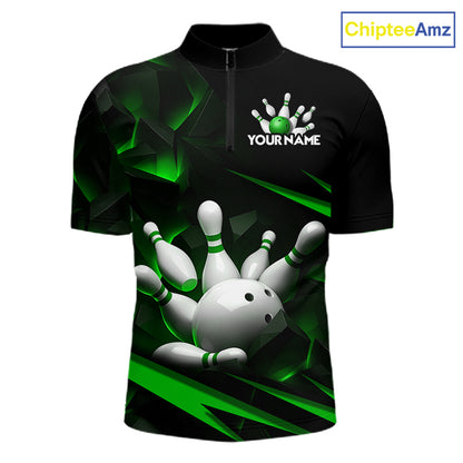 Personalized Bowling 1/4 Quarter Zip Polo Green Black Bowling Ball Jersey For Men NHT1344