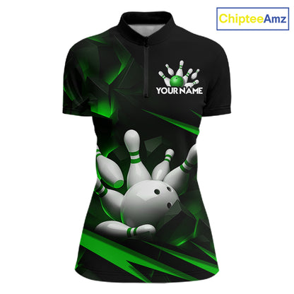 Personalized Bowling 1/4 Quarter Zip Polo Green Black Bowling Ball Jersey For Women NHT1344