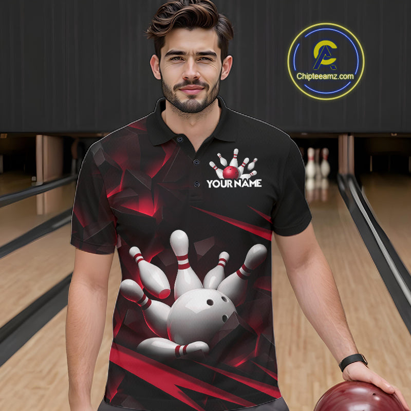 Personalized Bowling 1/4 Quarter Zip Polo Red Black Bowling Ball Jersey For Men NHT1345