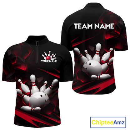 Personalized Bowling 1/4 Quarter Zip Polo Red Black Bowling Ball Jersey For Men NHT1345