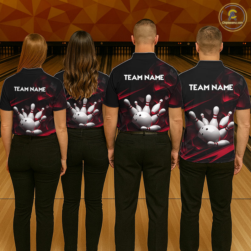 Personalized Bowling 1/4 Quarter Zip Polo Red Black Bowling Ball Jersey For Men NHT1345