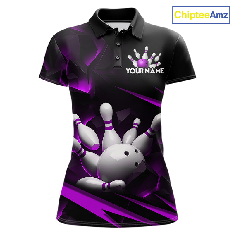 Personalized Bowling 1/4 Quarter Zip Polo Purple Black Bowling Ball Jersey For Women NHT1346