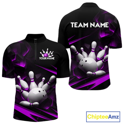 Personalized Bowling 1/4 Quarter Zip Polo Purple Black Bowling Ball Jersey For Men NHT1346