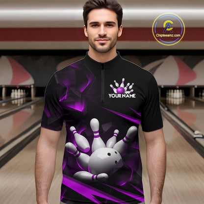 Personalized Bowling 1/4 Quarter Zip Polo Purple Black Bowling Ball Jersey For Men NHT1346