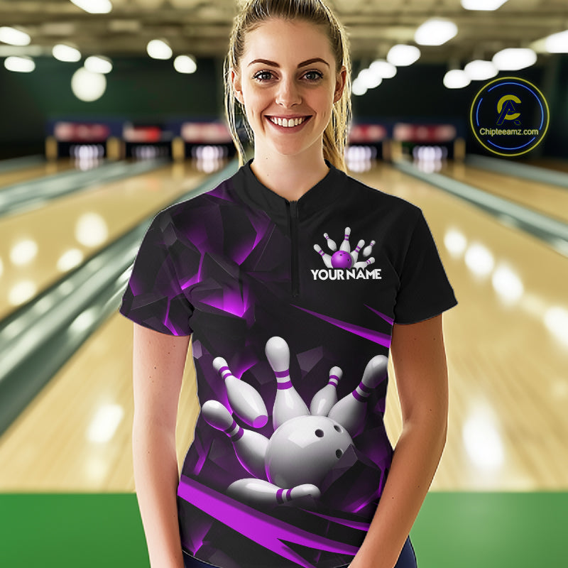Personalized Bowling 1/4 Quarter Zip Polo Purple Black Bowling Ball Jersey For Women NHT1346