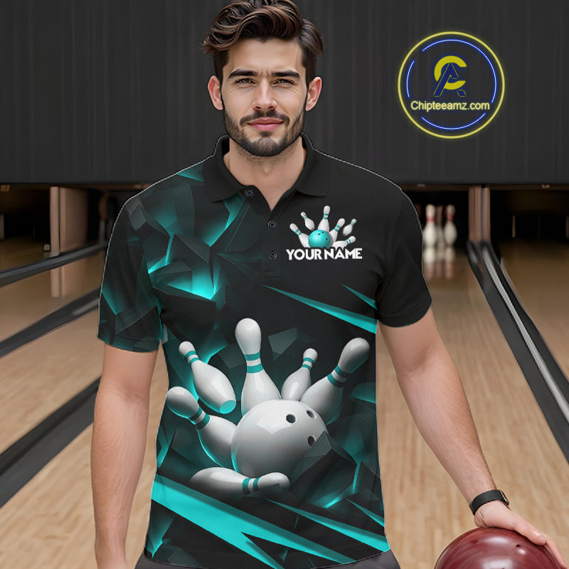 Personalized Bowling 1/4 Quarter Zip Polo Turquoise Black Bowling Ball Jersey For Men NHT1347