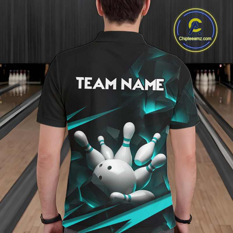 Personalized Bowling 1/4 Quarter Zip Polo Turquoise Black Bowling Ball Jersey For Men NHT1347
