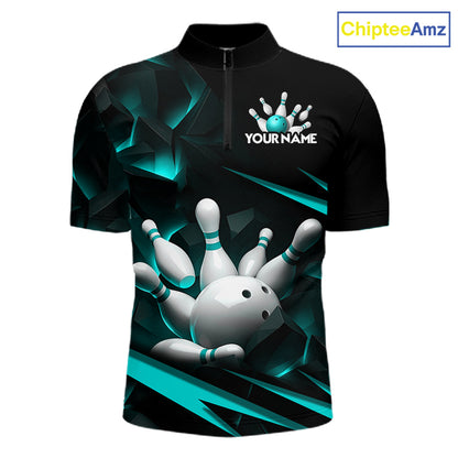 Personalized Bowling 1/4 Quarter Zip Polo Turquoise Black Bowling Ball Jersey For Men NHT1347